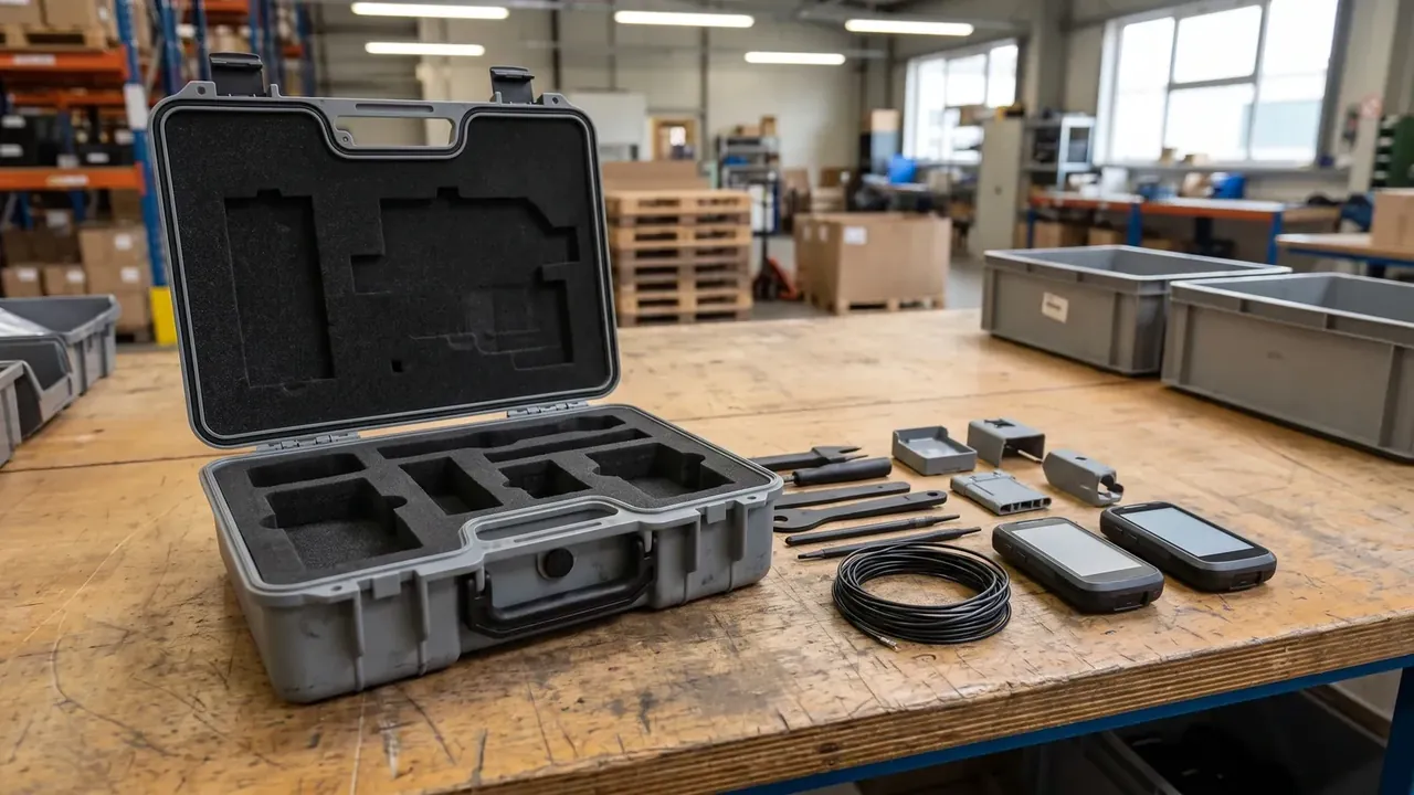 Cartridge transport box: grey hard shell open on a wooden bench, lid foam cut with recesses, tools nested in base foam, two latches in front