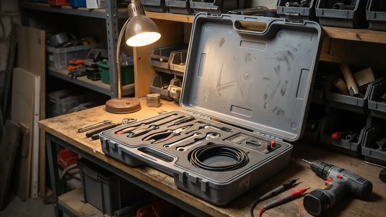 Cartridge transport box: grey moulded case open on a workbench, lid marked by moulding, black foam holding pliers and wrenches
