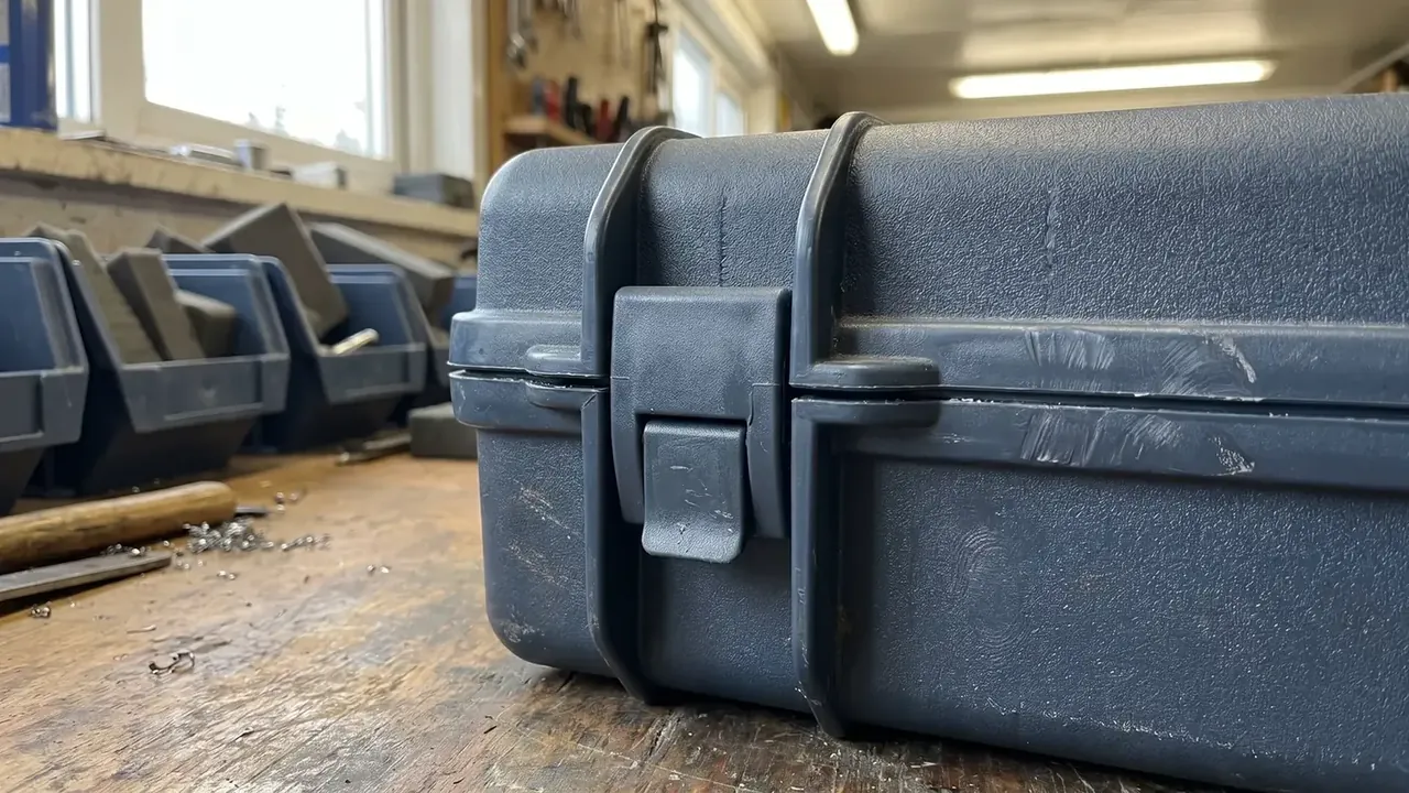 Cartridge Transport Box: dark grey side wall close up, two black latches clamped across it, scuffed matte surface, bench scattered with wood shavings