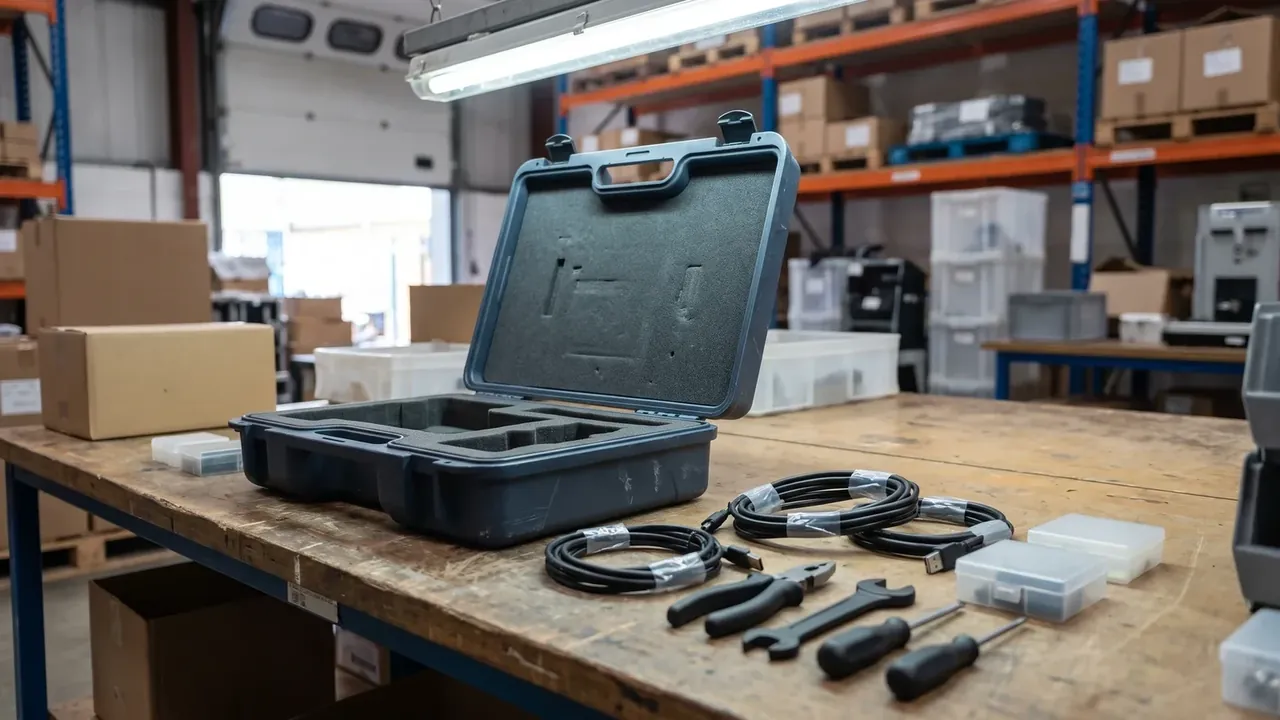 Cartridge Transport Box: open dark blue case upright on a bench, coiled black cables, pliers and a wrench beside it, orange racking behind
