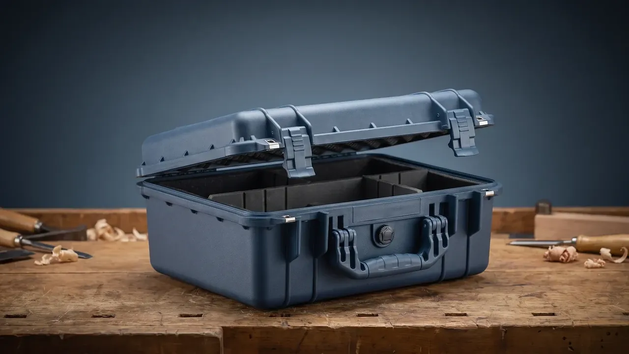 Cartridge Transport Box: dark blue case half open, a gap along the rim, two latches and a round pressure valve, wood shavings on the bench