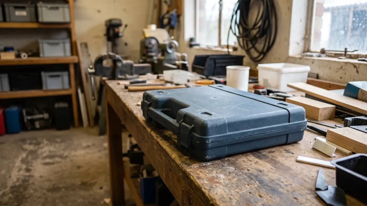 Cartridge Transport Box: closed dark blue case lying on an old bench, handle at the left, scuffed lid, grey totes and a drill press behind
