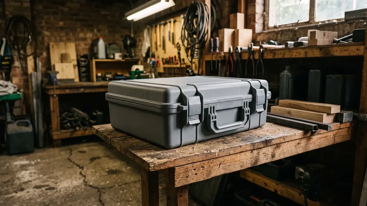 Cartridge transport box: grey hard shell closed on a wooden bench, two latches and a folding handle out front, pale seal line on the lid