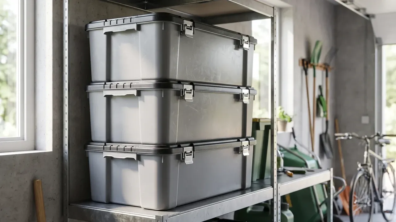 Cartridge transport box: three grey hard cases stacked on a metal shelf, two latches on each front face, vertical grooves in the sides