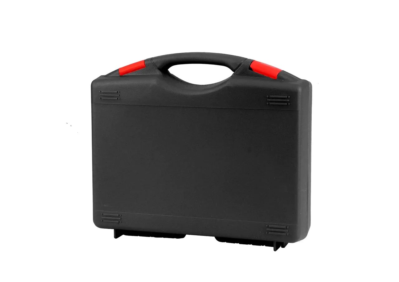 Case Assembly black hard-shell case turned slightly right on white, red grip blocks clearly defined at both handle ends, four horizontal ribs at each front corner, two latches and rear hinge bosses visible