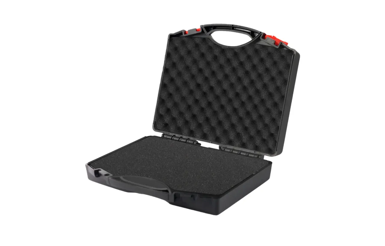 Case Assembly: the same black case opened, pyramid egg-crate foam filling the lid, a flat pad in the base, two red latches