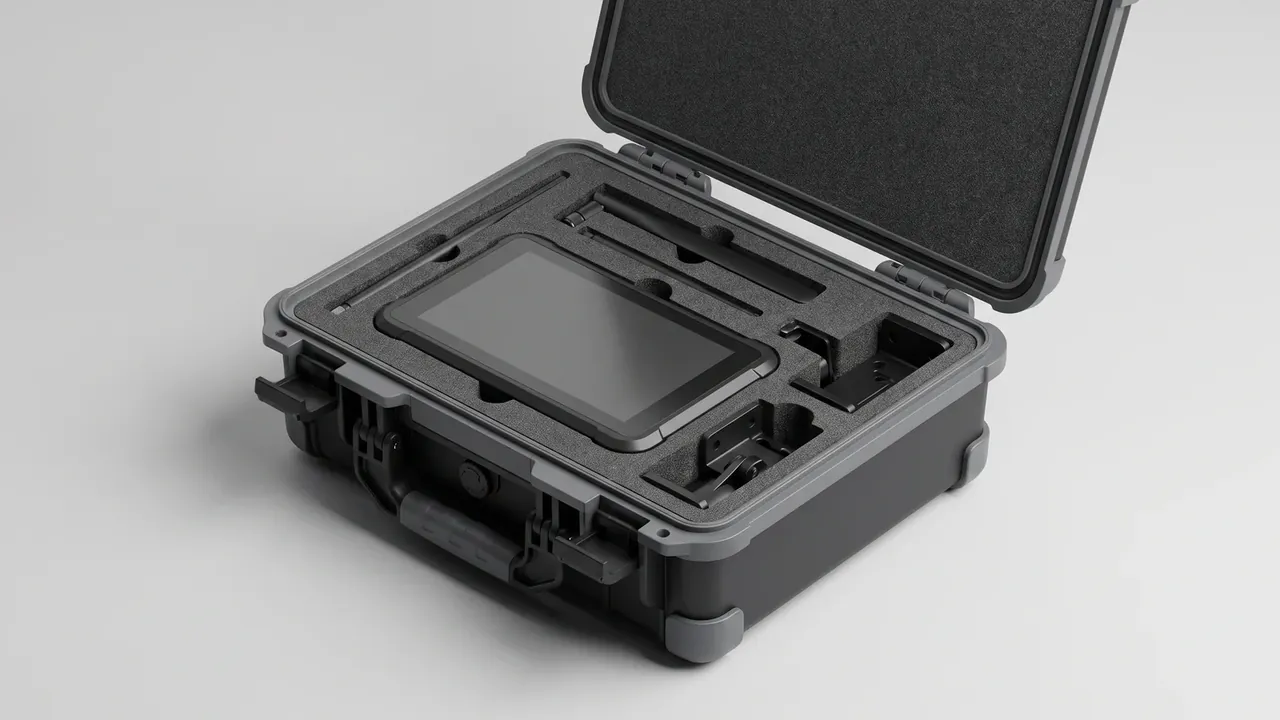 Case Asset Management audits count pockets, not lids: dark grey case with foam cut for a panel and long items, two perforated brackets at right