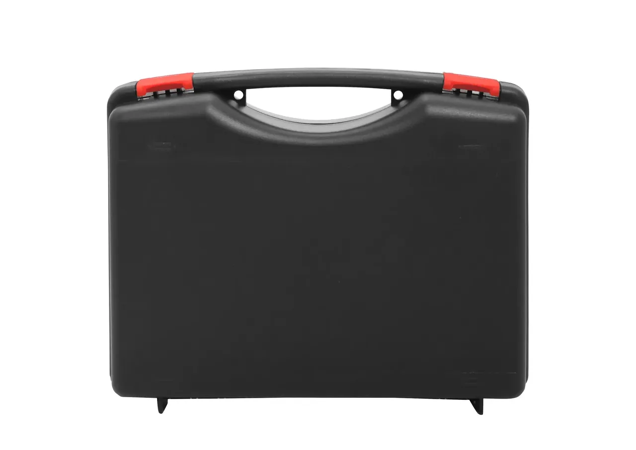 Case Export to EU front view closed, black shell standing upright, red latches at both ends of the top handle, blank front panel