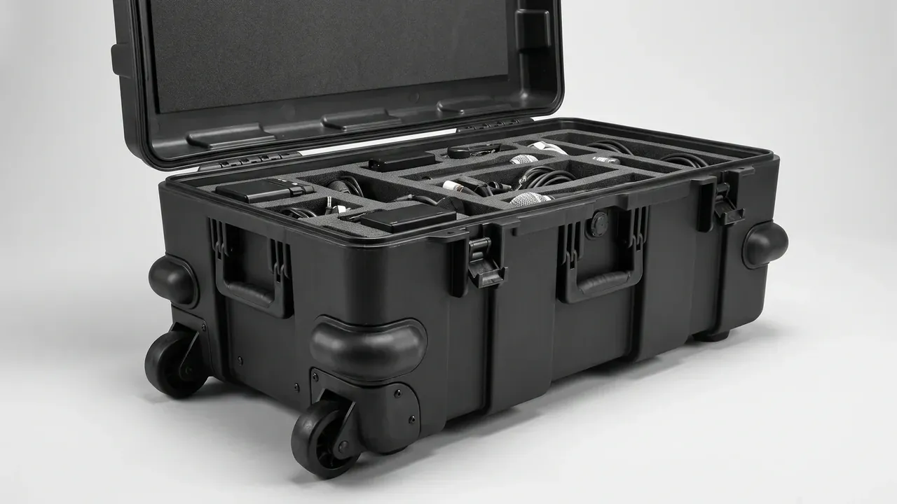 Case Factory Tour: a black wheeled case with its lid open, foam dividers holding microphones and coiled cables, two recessed wheels at the base