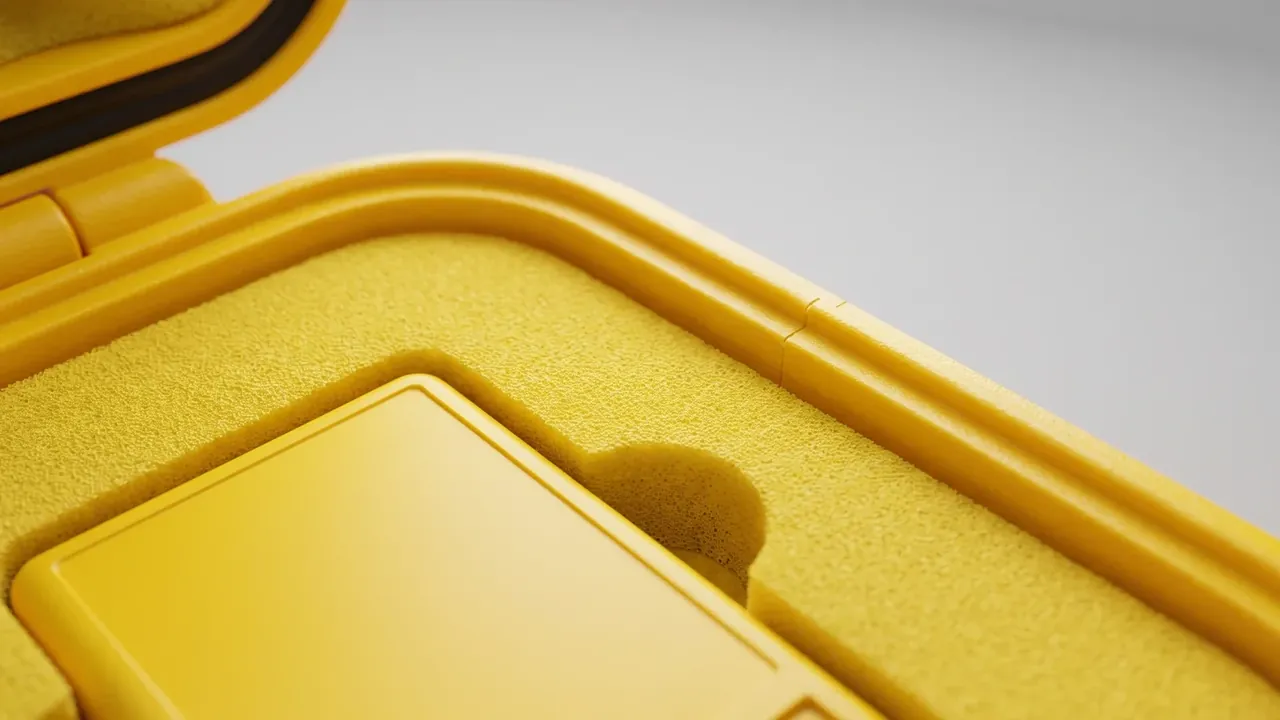 Case Factory Tour: close-up of a yellow case corner, black gasket in the lid rim, pale foam with a raised pad and a curved notch