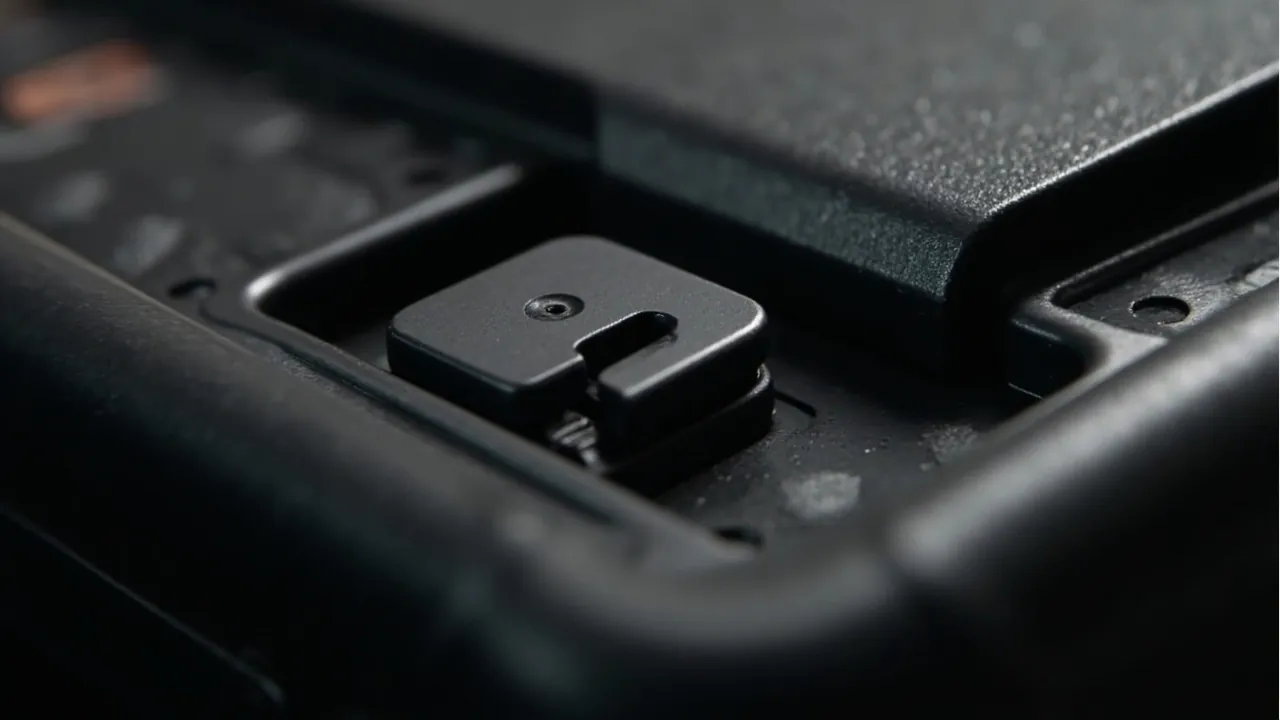 Heavy-duty recessed metal hinge close-up