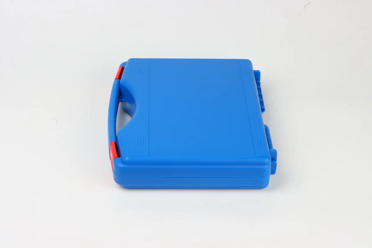 Case Internal Divider: a blue carry case lying sideways on white, two red latches on the left, two latch keepers on the right