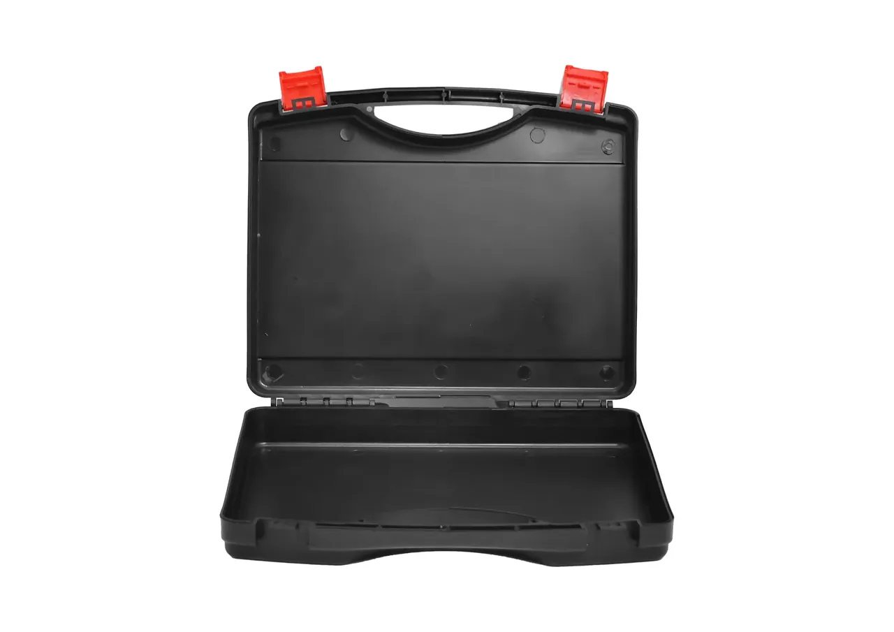 English Labels on Cases inner view: the same black case opened 90 degrees, plain lid interior, two red latches flipped up