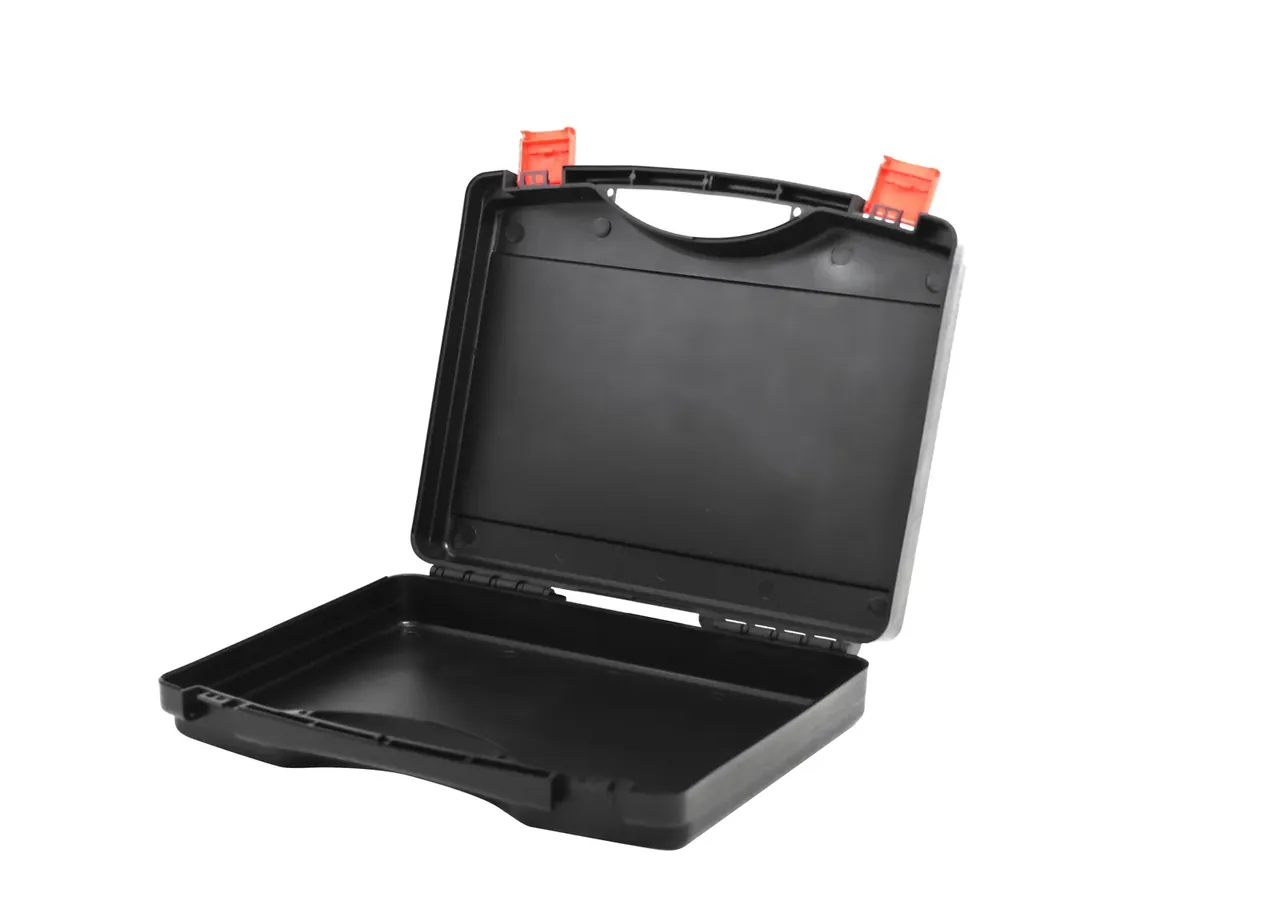 English Labels on Cases inner view: the black case opened and turned, lid raised with recessed handle, empty base tray