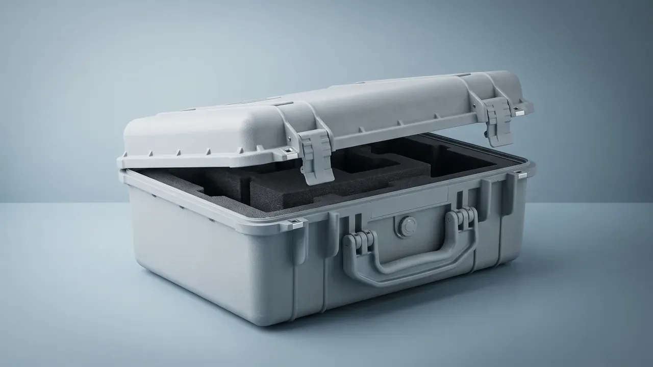 Cases for Middle East as a light grey case opened flat, two white latches at the lid edge, dark foam insert, folding handle, blue-grey backdrop