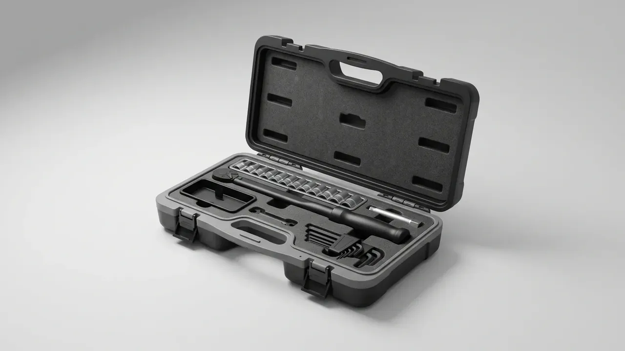 Case After-Sales Abroad spares bench: a charcoal case open on a grey surface, lid pockets aligned over tool cut-outs and two front latches closed