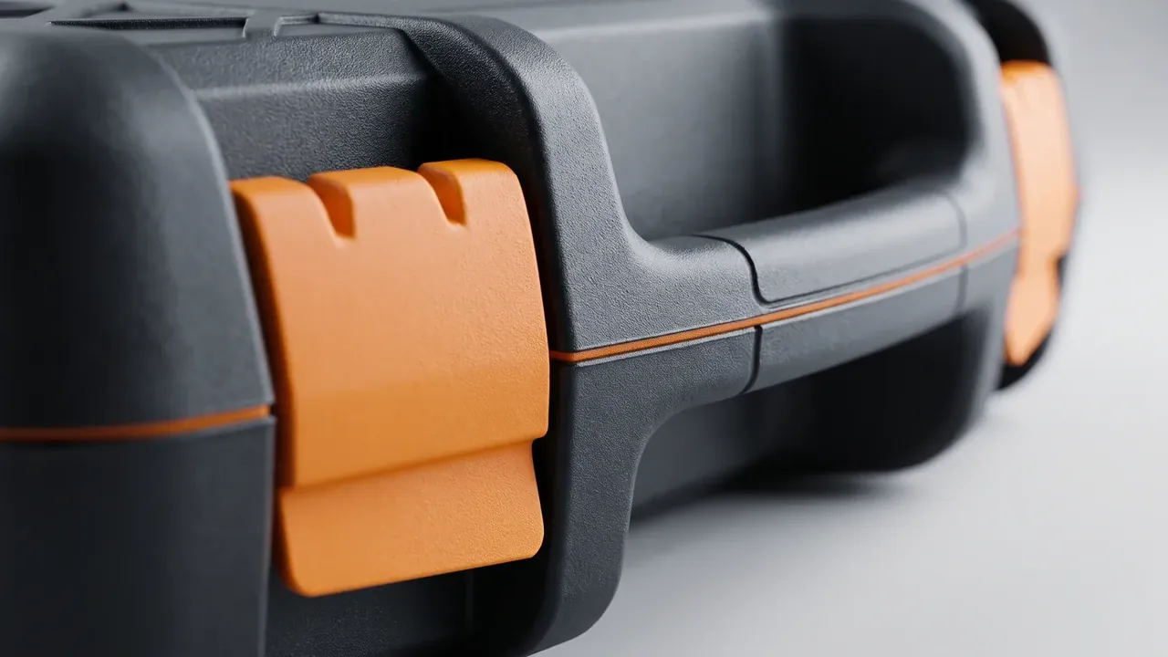 Case After-Sales Abroad close-up: an orange latch clamped on black textured shell, an orange gasket edge along the seam