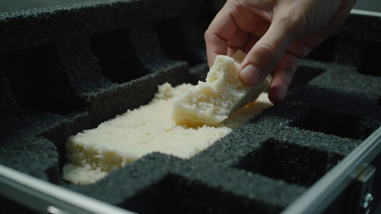 Pick and pluck cubed foam being torn by hand