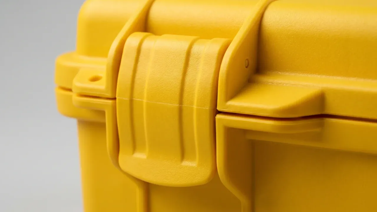 Case Production Line: close-up of a yellow case latch, one wide plastic clamp shut across the lid seam beside a locating hole