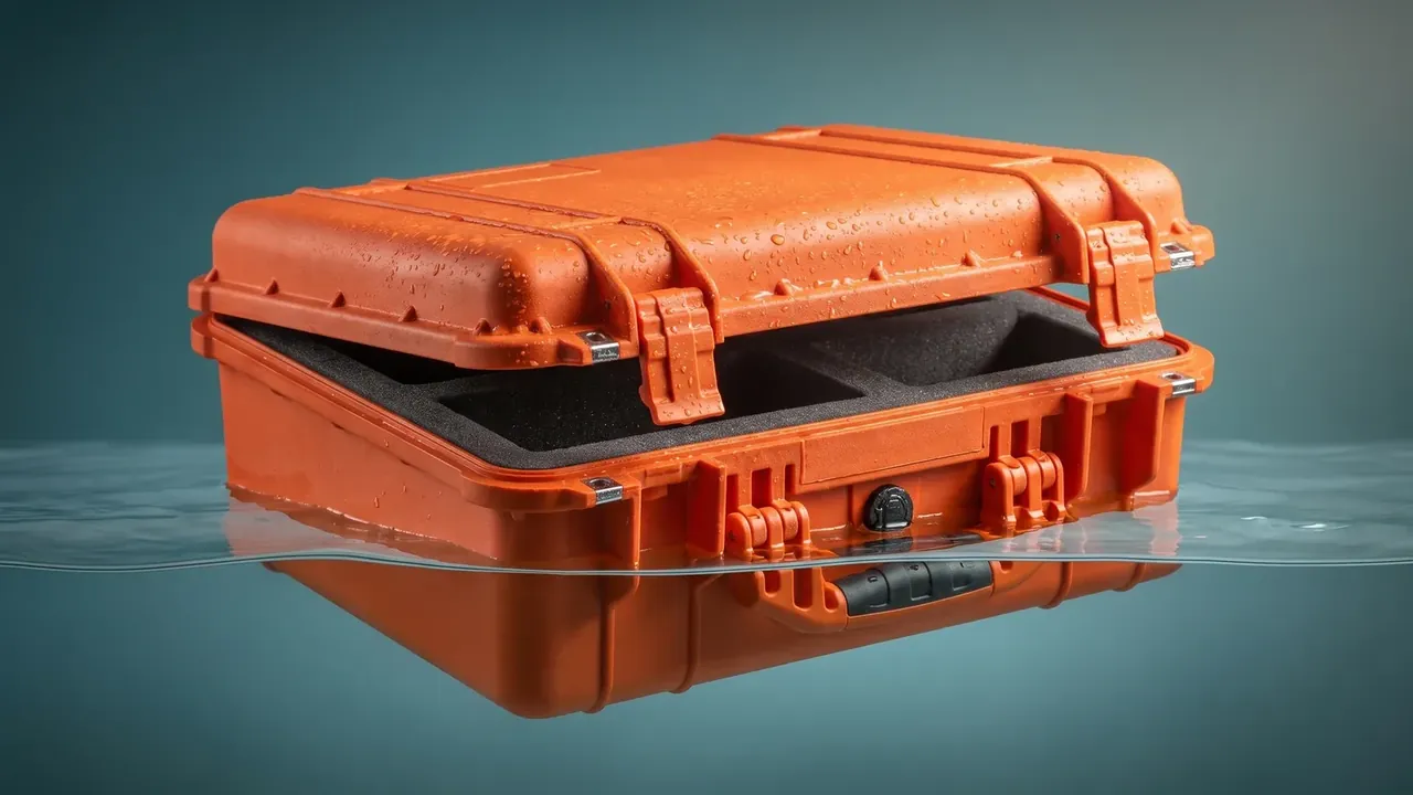 Cases for SE Asia standing open in shallow water, orange shell beaded with droplets, black foam cavities and four latches