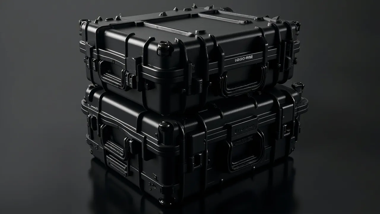 Three cases stacked with interlocking ribs