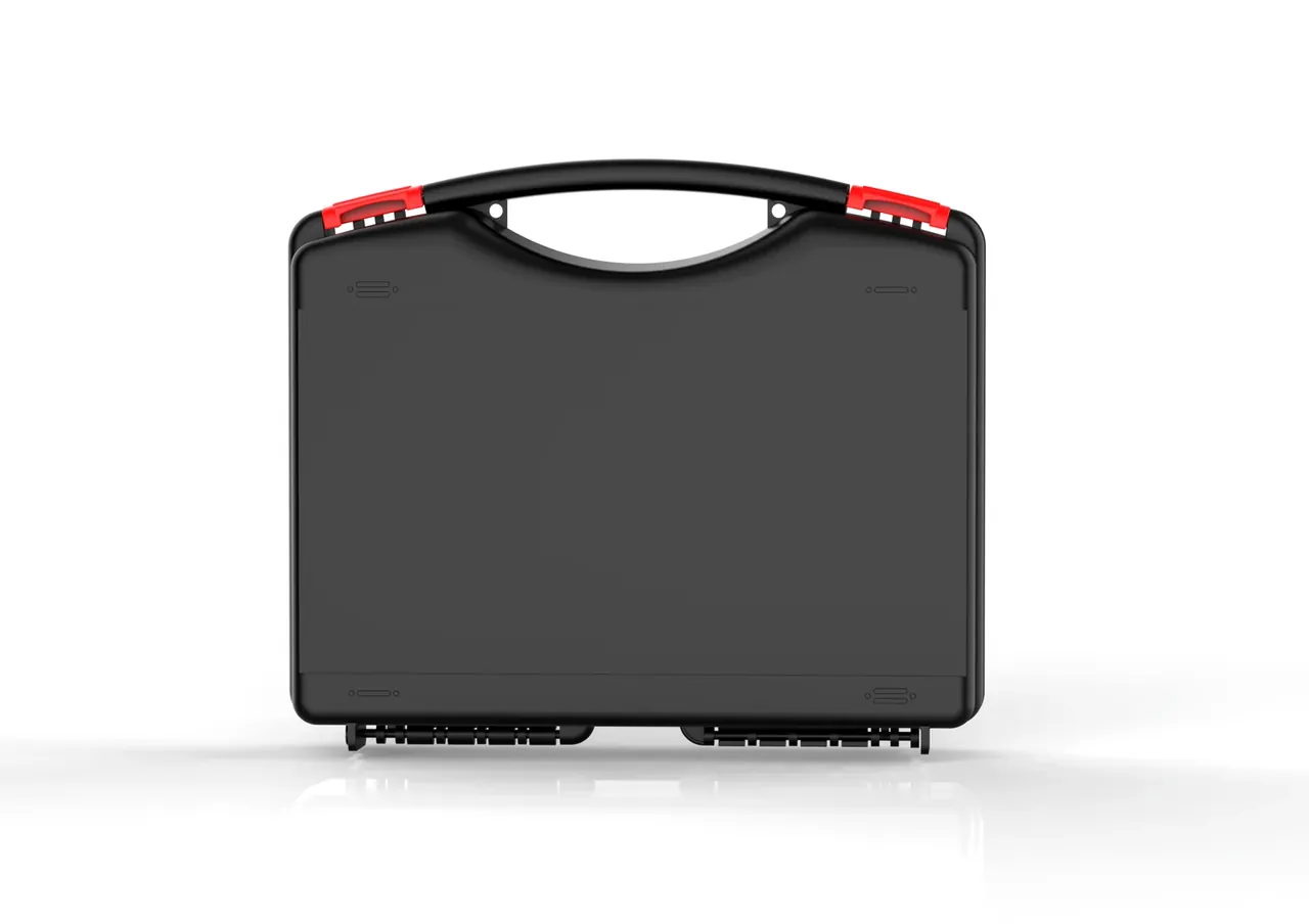 Case factory audit measurement of the shell: case standing upright, handle across the top, two red latches, four square feet
