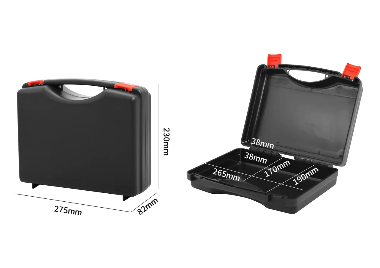 UV stabilisers dimension drawing: a closed black case marked 275 mm wide, 230 mm high and 82 mm deep, plus an open tray