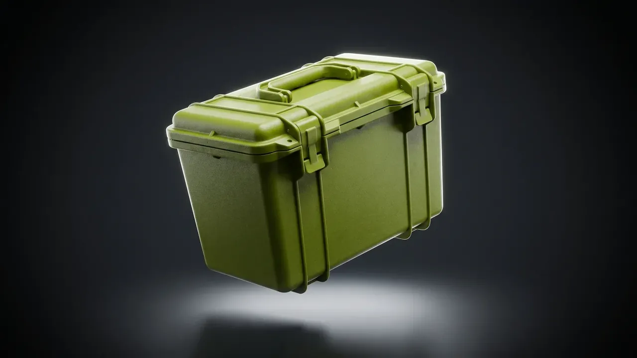 Case Warehouse Storage: olive-green rotomolded case against a dark grey backdrop, one top handle, two lid latches, vertical side ribs