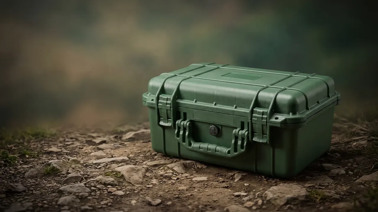 Case Warehouse Storage: latched green case on gravel, two front draw latches, a round relief knob, folding handle down, blurred woodland behind