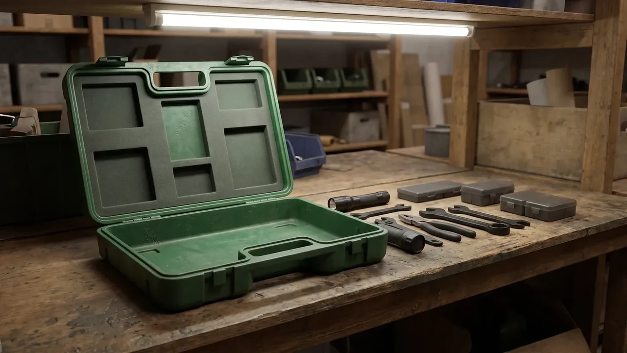 Case Warehouse Storage: dark green tool case open on wooden bench, six moulded recesses in the lid, wrenches and pliers beside it, wooden shelves behind