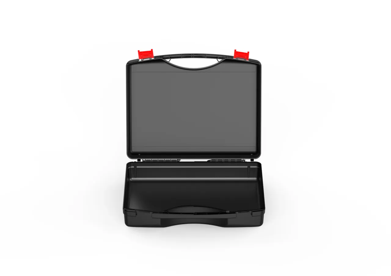 Open clamshell equipment case showing zoned liner and locating slots for stainless utensils