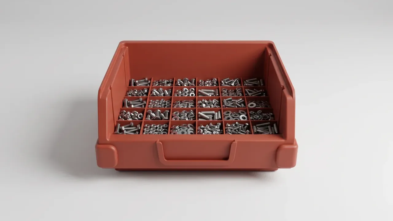 Clear waterproof plastic case: brick-red open tray split into thirty small compartments holding stainless screws, nuts and washers, recessed hand slot at front