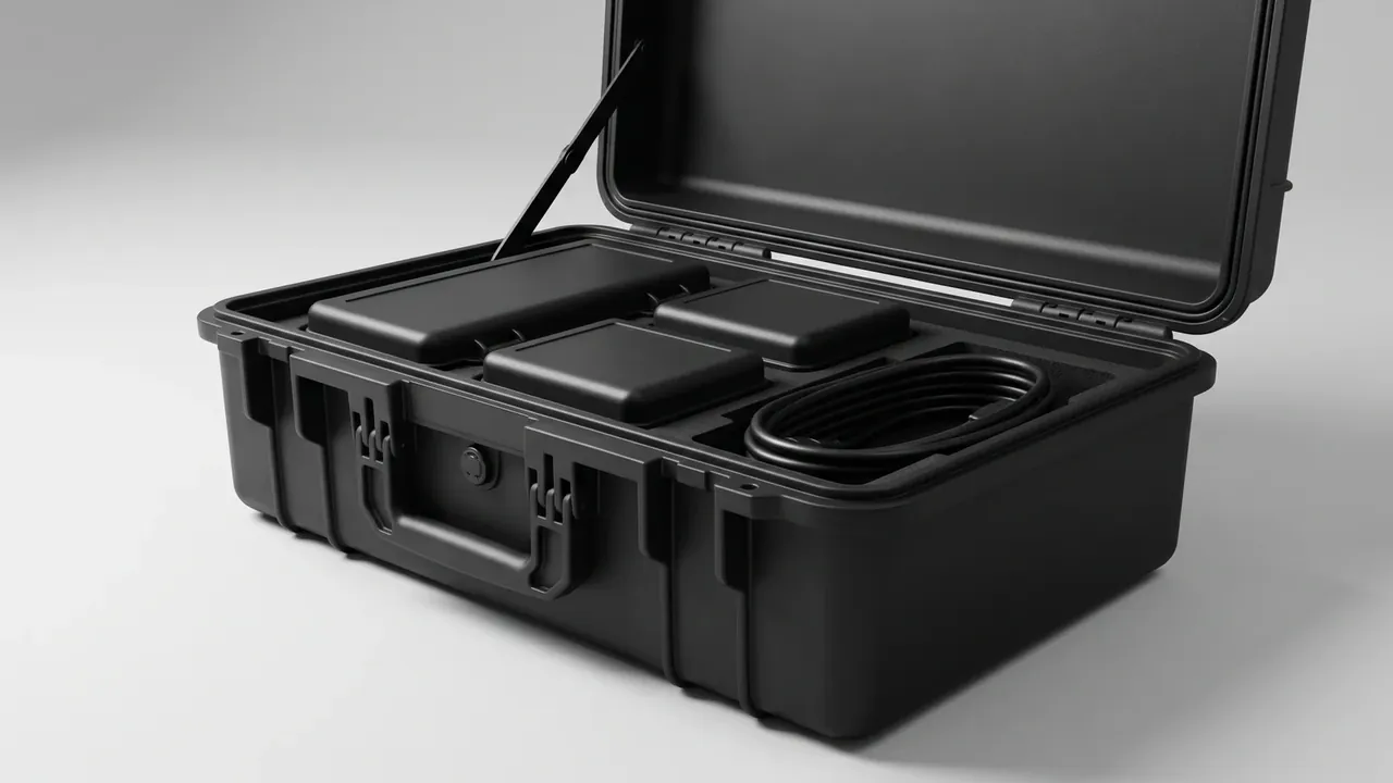 Clear waterproof plastic case: black body open on a white surface, metal lid stay propped, two front latches, cut foam holding three black modules