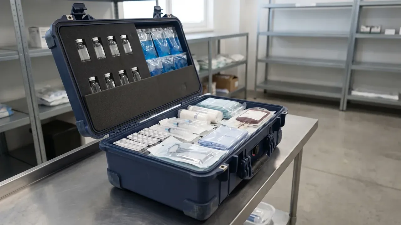 Cold chain case: navy body from above, lid open, foam channels gripping blue gel packs, four rows of base pockets on a steel bench