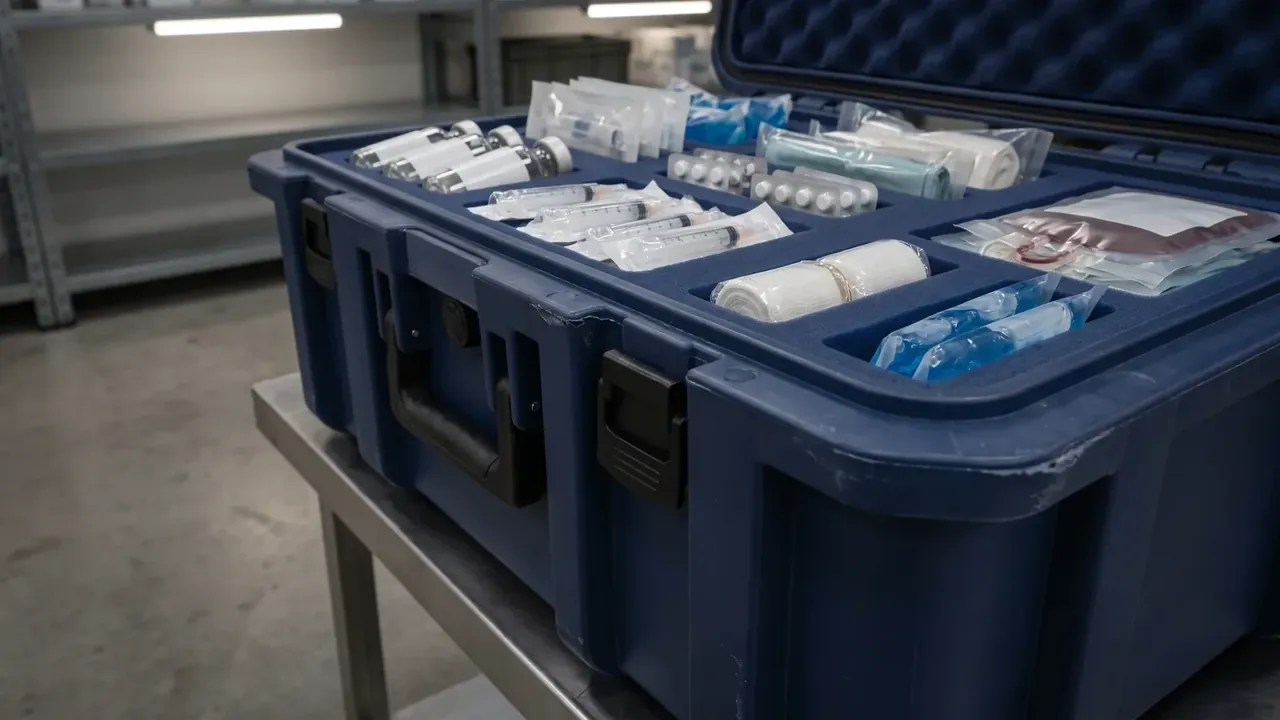 Cold chain case: navy body from the front corner, two black latches, side handle, egg-crate foam over blue packs on a steel bench