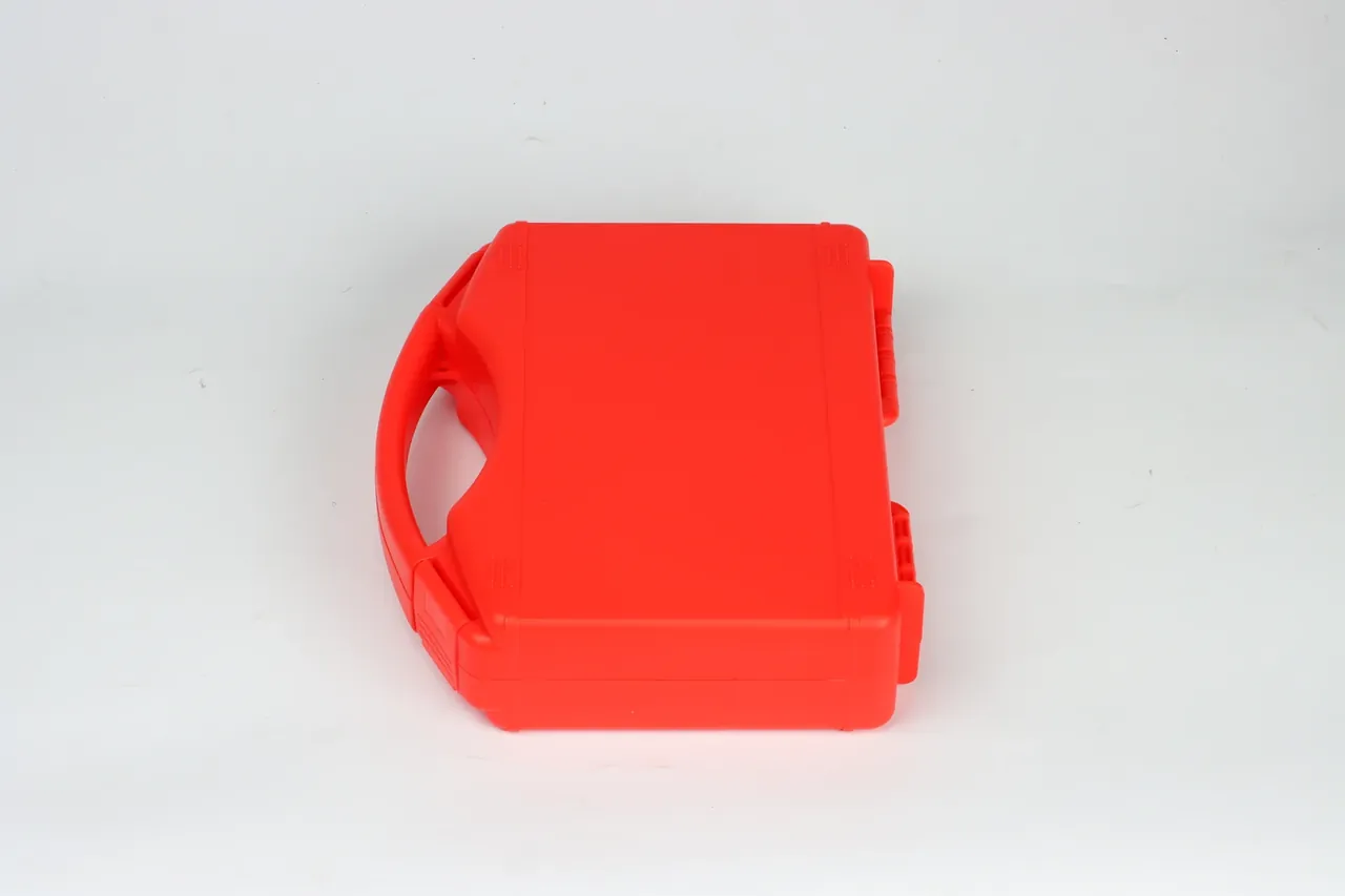 Colored Protective Case: solid red box on its side, curved handle merged with the body, red latch flush to the rim, hinge edge right
