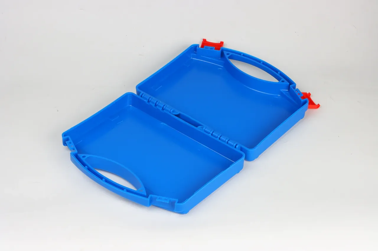 Colored Protective Case: blue body opened flat, two halves facing up, a segmented hinge between them, one red latch at each end