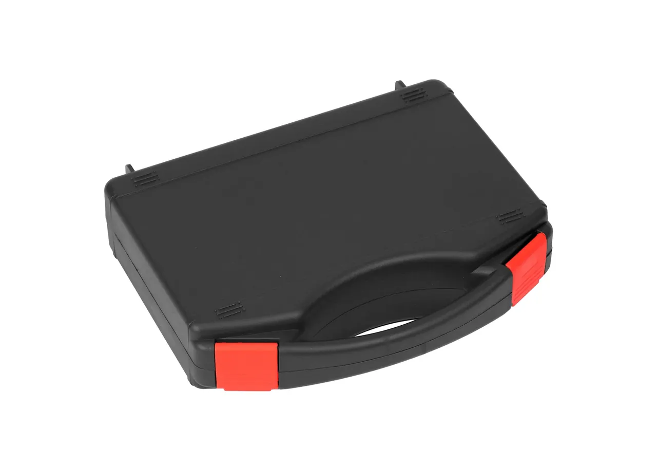 Colored Protective Case: black closed case from the side, flat lid, red latch at each front corner, curved handle, hinge lugs and corner ribs