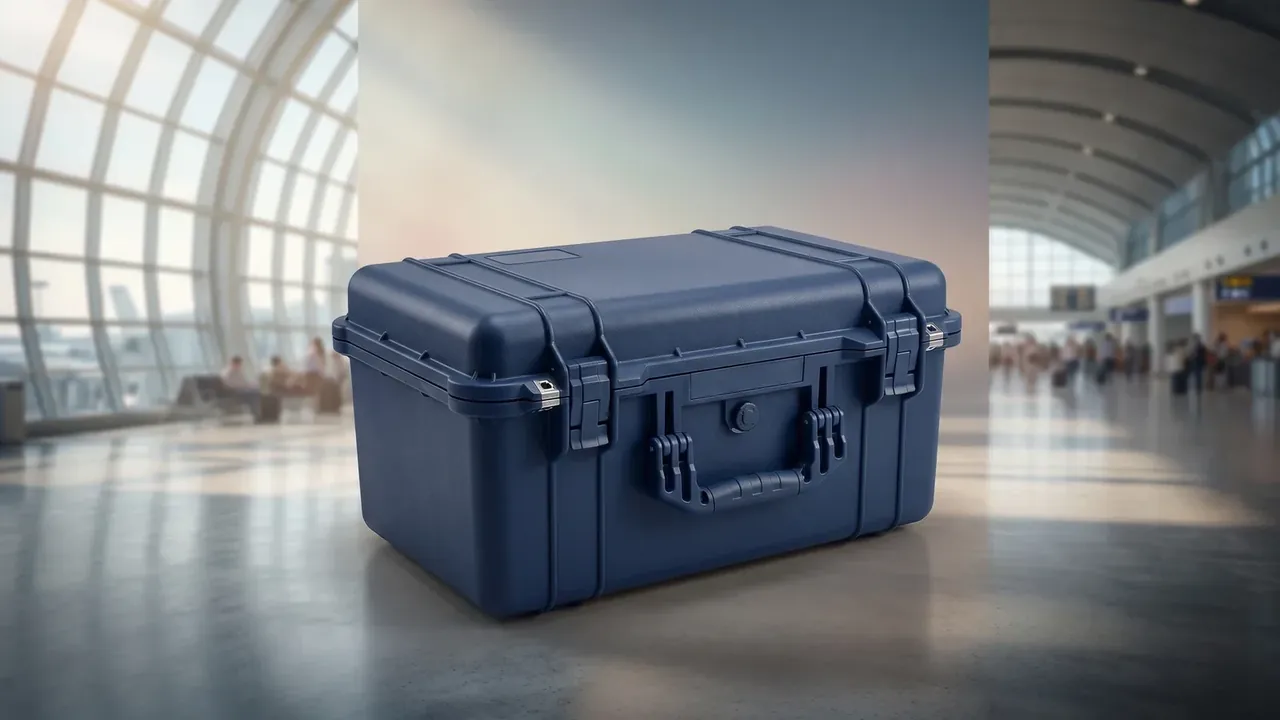 Commercial plastic luggage trolley case: navy closed case on a polished floor, folding top handle, two metal latches, curved glass wall behind
