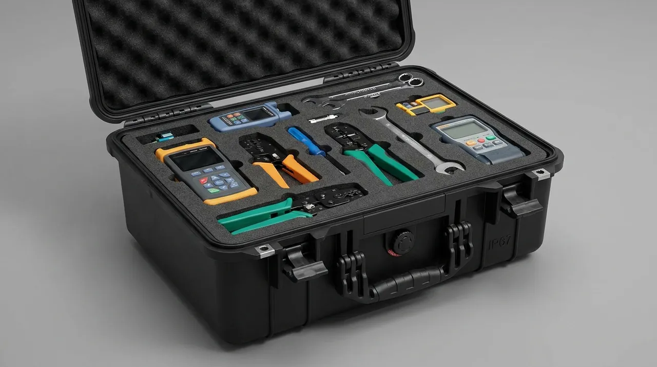 emergency communication power case suspended and fixed inside a partitioned protective case liner
