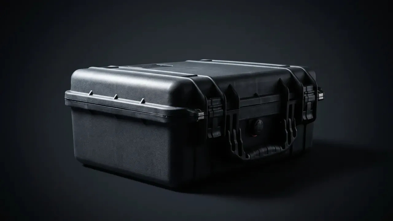 Communication Equipment Case: a black closed case at an angle, two stacked draw latches and a round valve with a red ring at the front