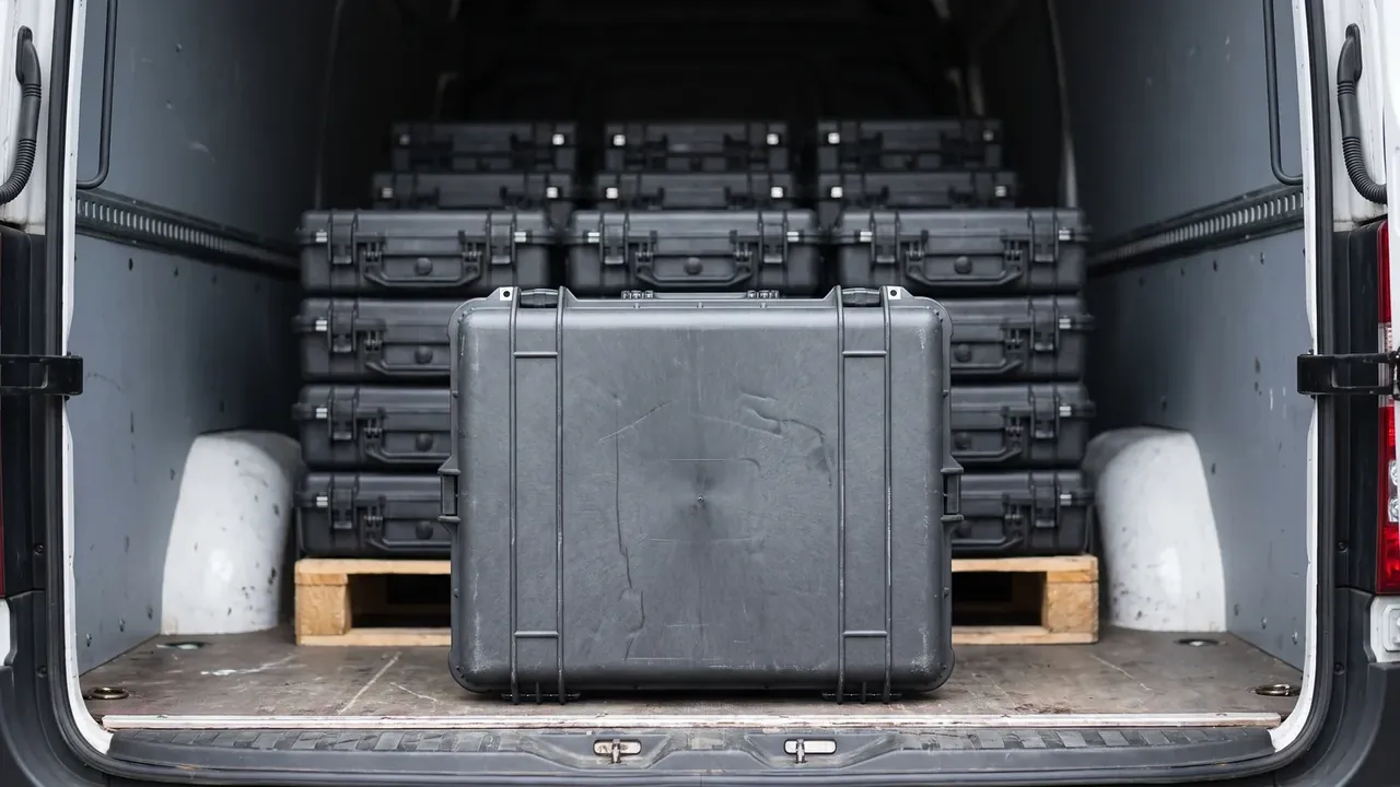 Communication Equipment Case: a large grey case upright inside a van, three rows of identical cases on a pallet behind, white wheel arches both sides