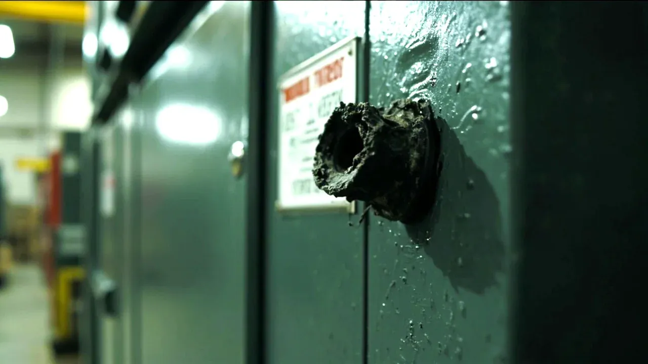 Close-up of a crushed cable gland on the case wall