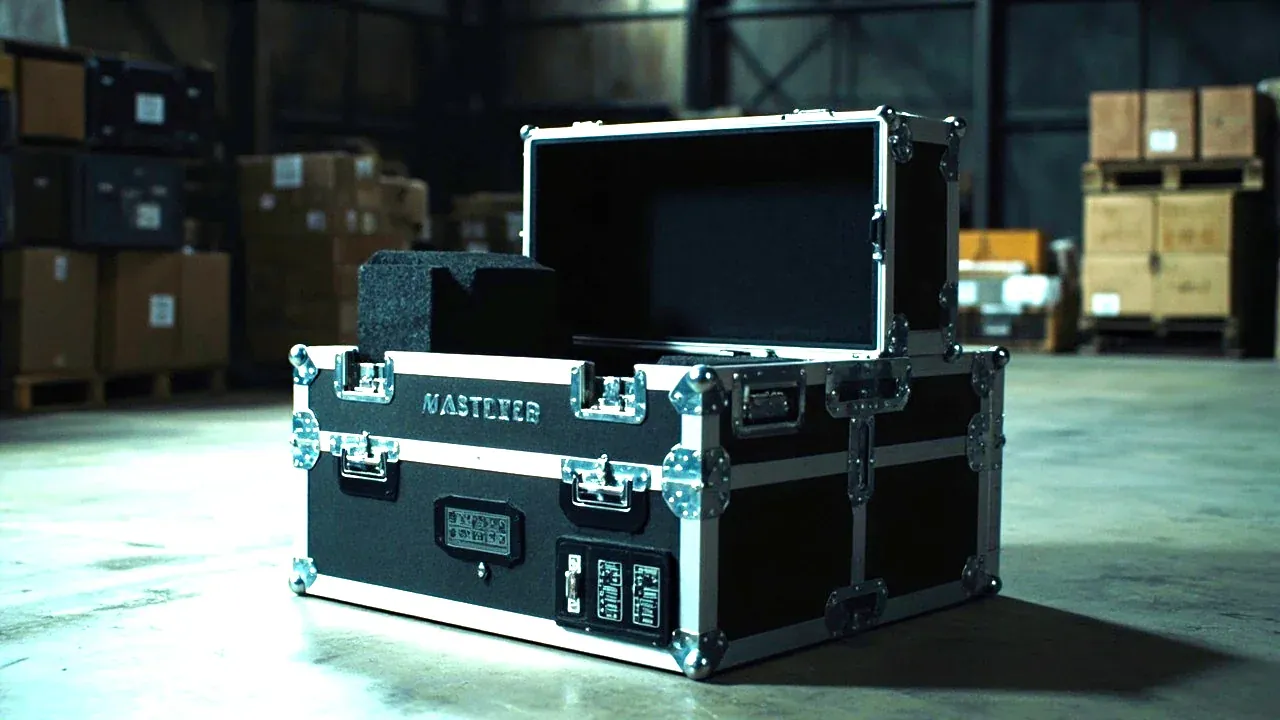 A rack case with added foam blocks around the equipment, lid open