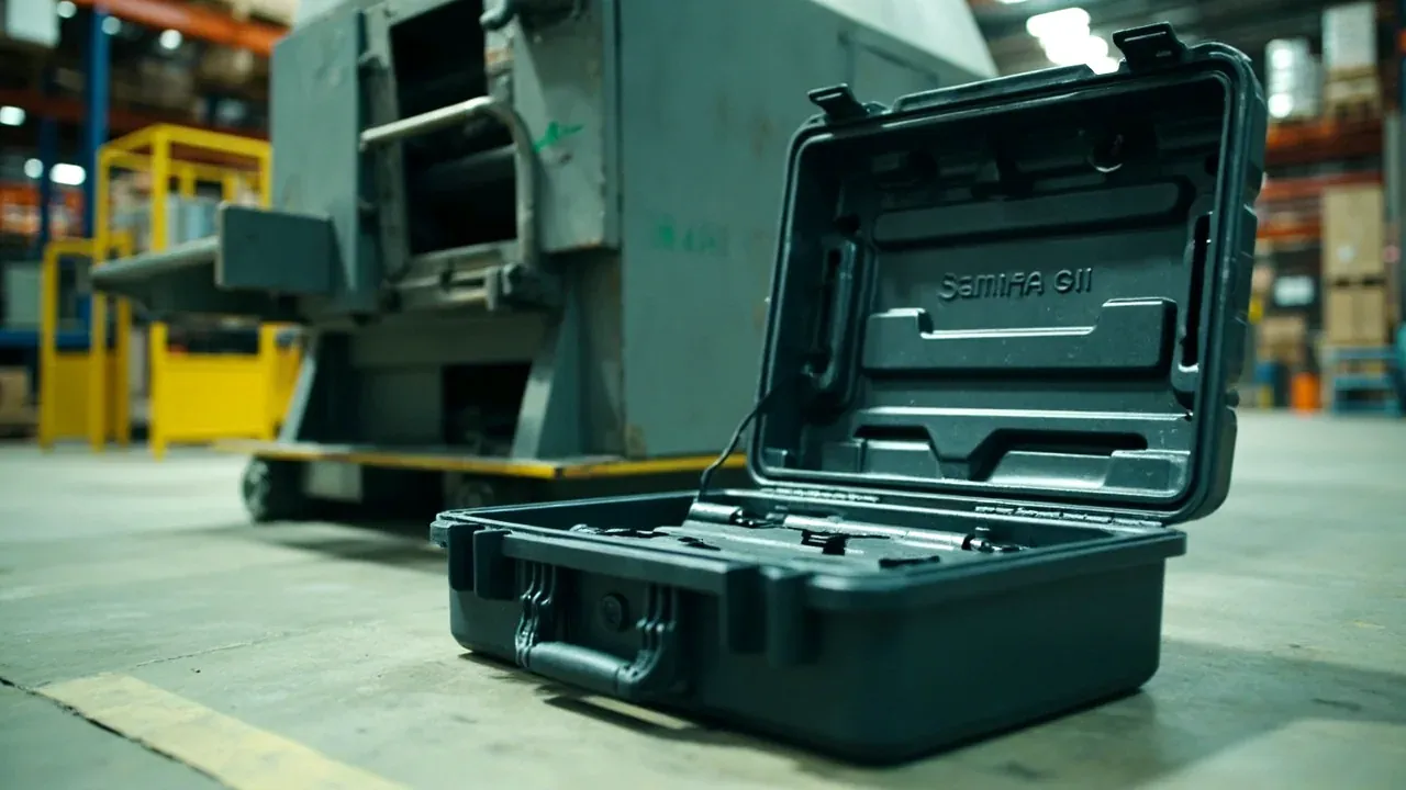 Shipped tool case open beside a machine base