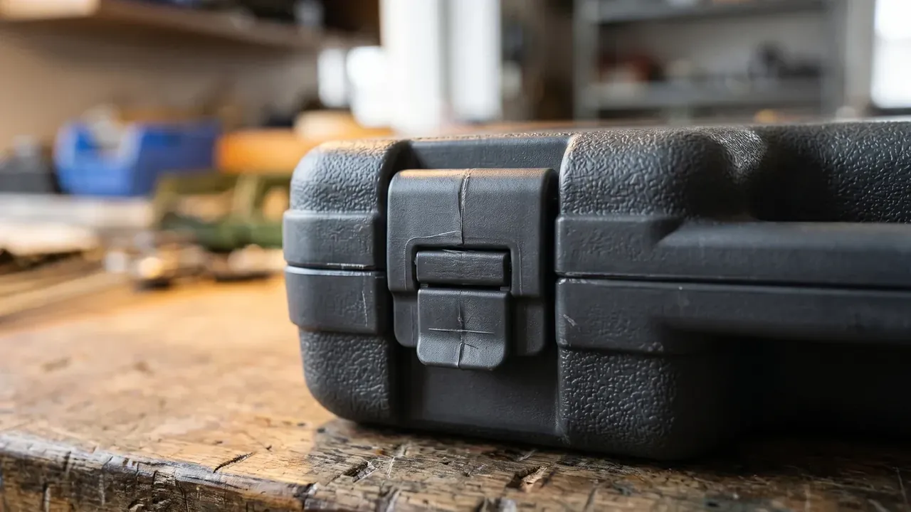 Consolidated Tool Kit: black case on a worn bench, centred latch closed, coarse grain texture, seam running both ways, blurred workshop behind