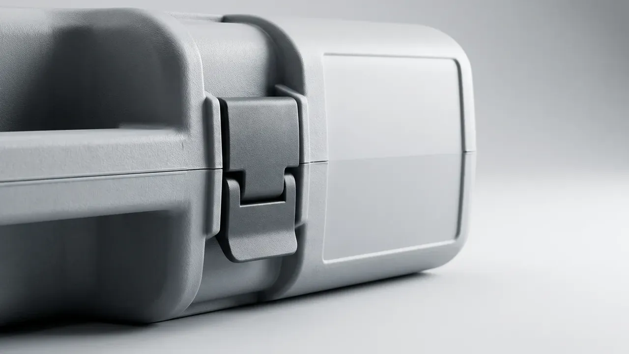 Consolidated tool kit: grey case corner close-up, one dark grey draw latch over the rim, a blank white label panel, rounded ribs