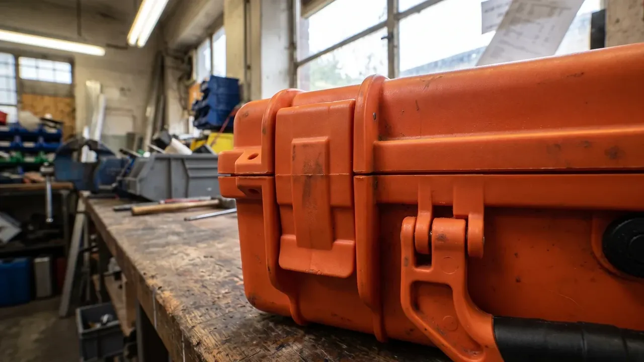 Consolidated tool kit: an orange case on a worn wooden bench, two black draw latches shut, scuffed shell, blue bins and a workshop window behind