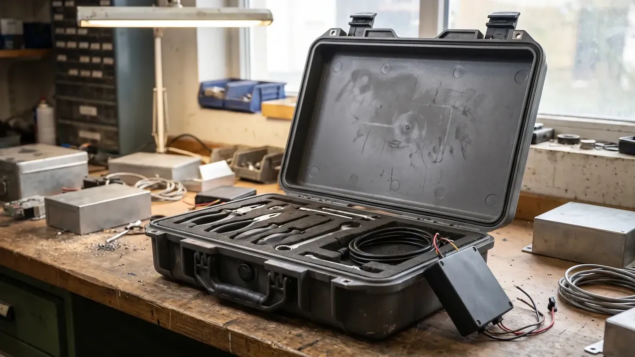 综合工具箱：窗边工作台上开盖的黑色箱体，泡棉开槽嵌一排扳手与钳子，右侧一卷黑色线缆与一块带红黑导线的黑色电池盒，背景有工作灯、零件柜与金属盒