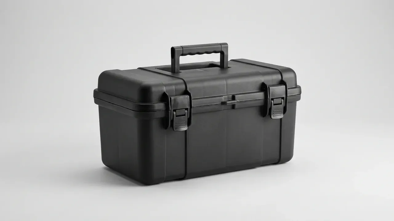 Consolidated Tool Kit: black closed case on a grey background, moulded handle raised, two latches and a cross rib on the front wall